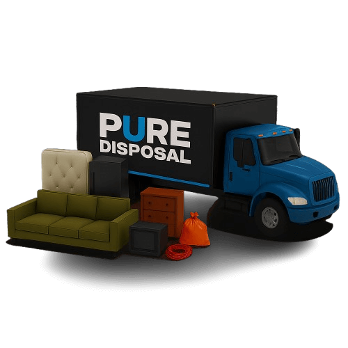 Pure Disposal truck loaded with a sofa, mattress, fridge, and other junk items.