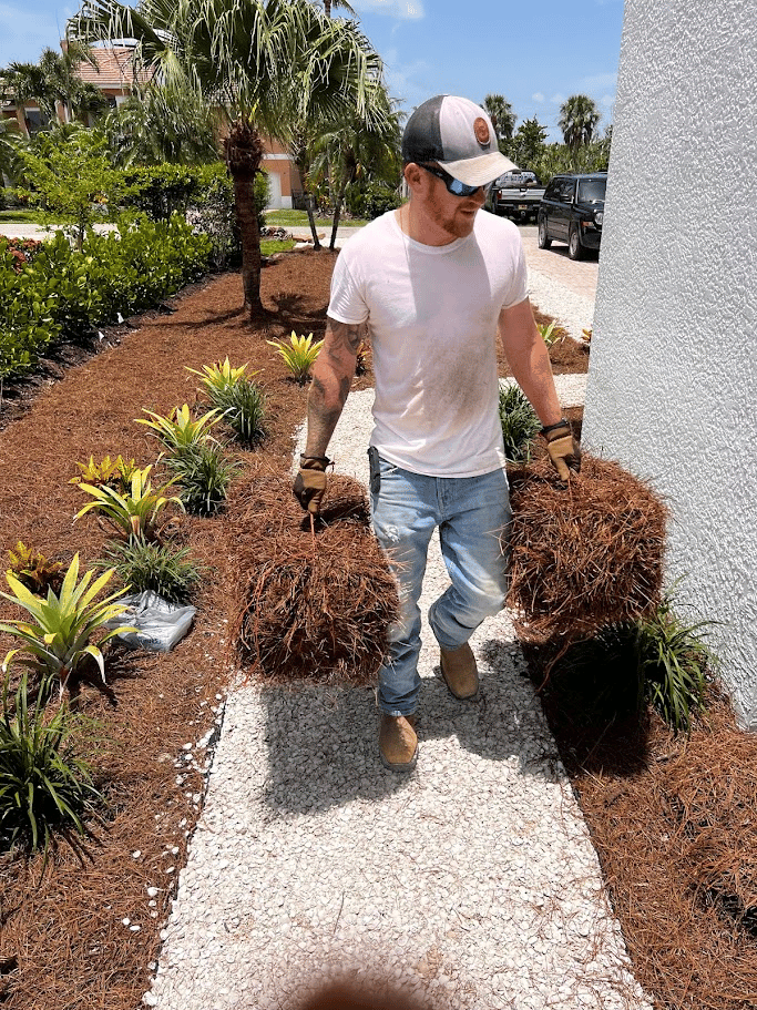 Pure Disposal owner Brandon carrying palm root balls during yard debris removal service