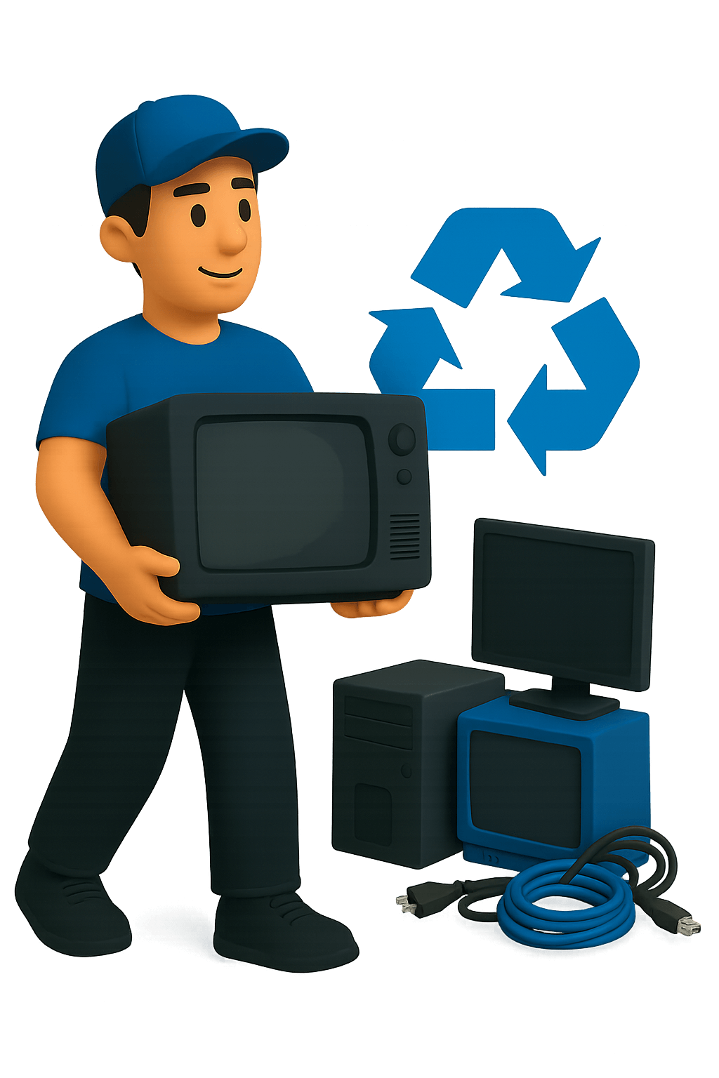 recycling worker sorting electronics waste into a blue recycling bin for safe disposal and recycling.