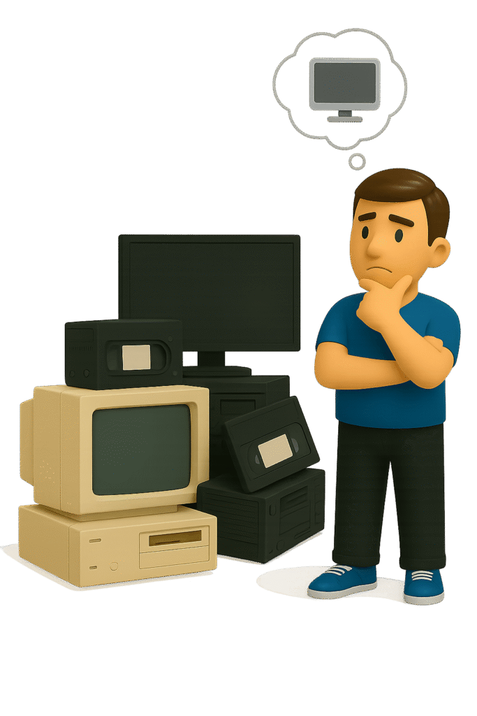 young man holding an old computer monitor next to stacked discarded electronics, symbolizing electronics disposal and recycling, on a transparent background.