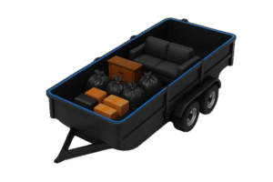 Black junk removal trailer with blue trim accents