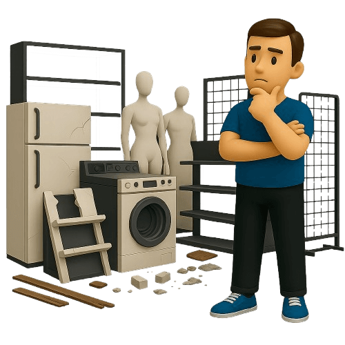 Man beside broken shelves and retail junk on transparent background