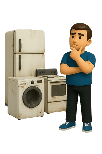 Man in blue shirt with old appliances on transparent background