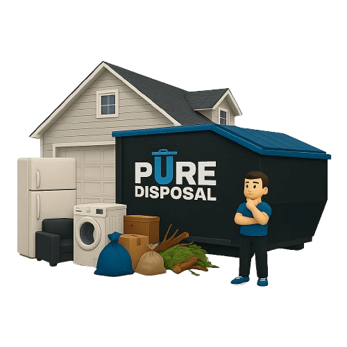 Pure Disposal dumpster with household junk outside a home