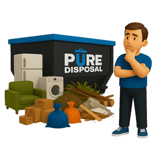 Pure Disposal dumpster with junk, furniture, and appliances beside thoughtful man