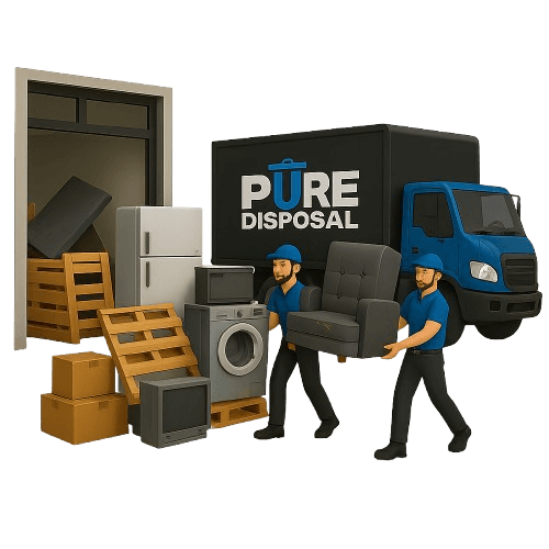 Pure Disposal workers loading office furniture and boxes for commercial junk removal in Fort Myers