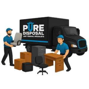 Workers loading office furniture into a Pure Disposal truck during a cleanout.