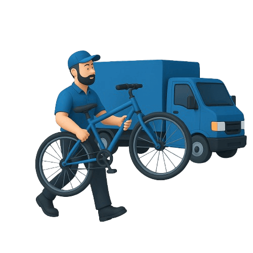 Junk removal worker in blue uniform carrying an old bicycle toward a blue disposal truck for recycling and eco-friendly bike disposal by Pure Disposal