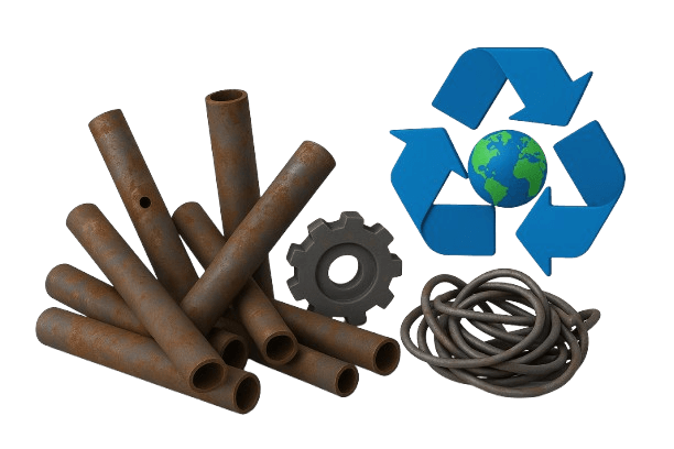Pile of scrap metal pipes and gears beside a blue recycling symbol with Earth, representing eco-friendly scrap metal recycling by Pure Disposal