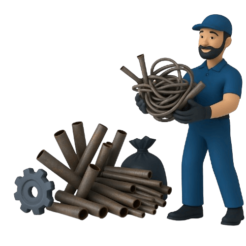 Worker holding scrap metal beside a pile of rusty pipes for recycling